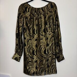 Milly New York Black Gold Metallic Silk Long Sleeve Dress with Tie Back Size 6